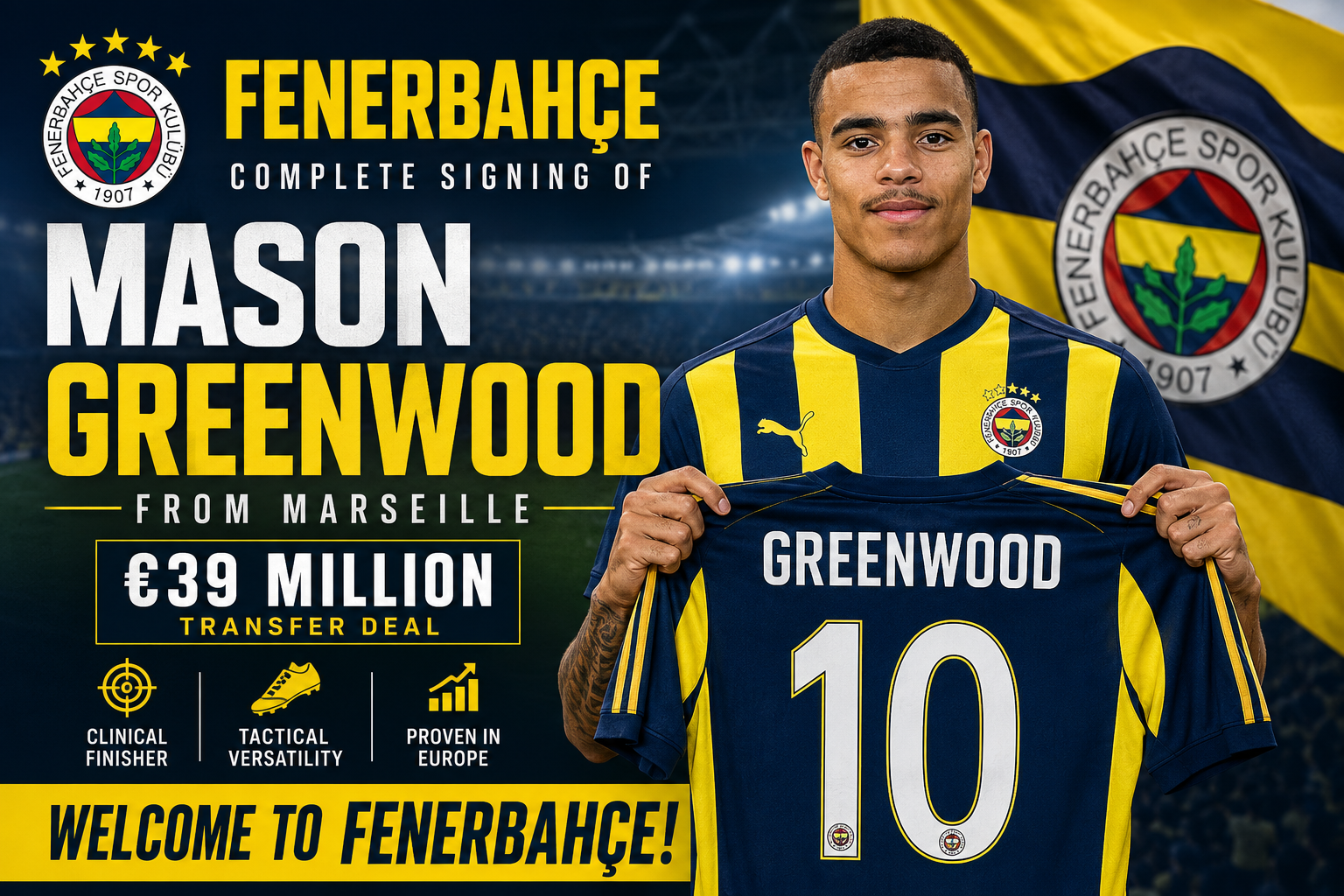 Mason Greenwood unveiled by Fenerbahce after completing his €39 million transfer from Marseille during the 2026 summer transfer window.